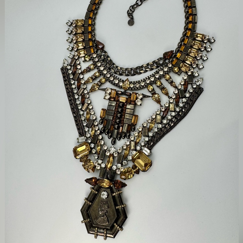 DYLANLEX “Nefertiti” Crystal Bib Statement Necklace Gunmetal Amber rhinestone